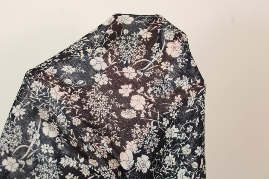 Tissu mousseline - imprimé fleuri - noir, blanc et lurex