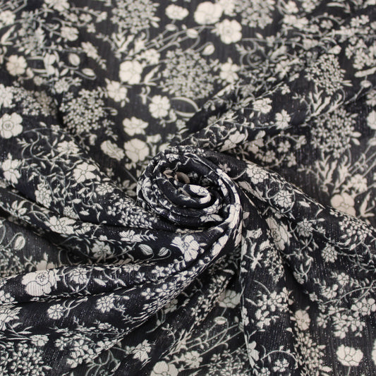 Tissu mousseline - imprimé fleuri - noir, blanc et lurex - photo 1/5 | So Tissus