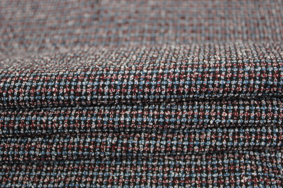 Tissu tweed coton - ton gris bleu et lie de vin