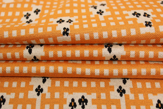Tissu maille - imprimé géométrique - moutarde et beige - photo 2/4 | So Tissus