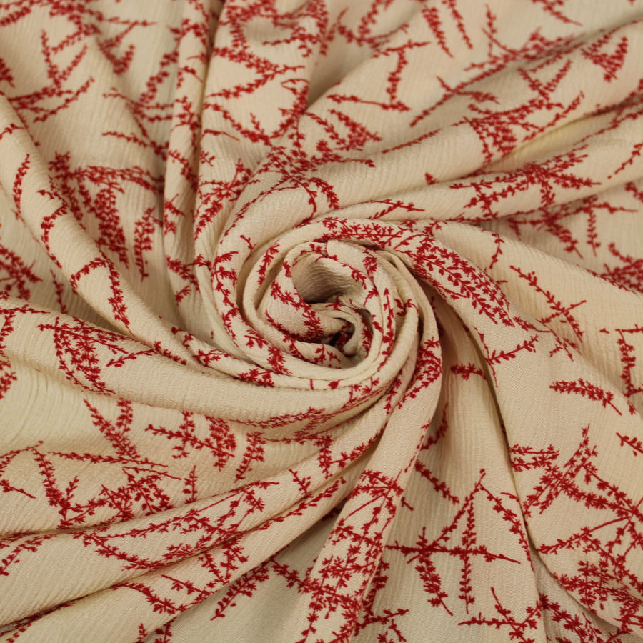 Tissu crêpon viscose - imprimé abstrait - blanc cassé et rouge