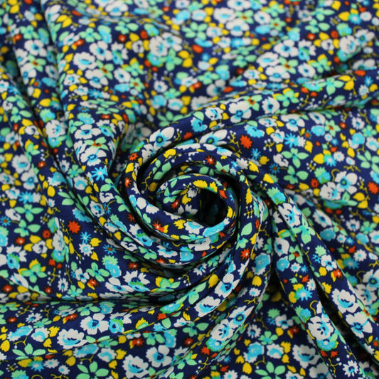 Tissu crêpe de chine 100% soie - imprimé fleuri - ton bleu - photo 1/4 | So Tissus