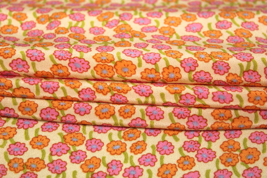 Tissu crêpe de chine 100% soie - imprimé fleurs rose et orange