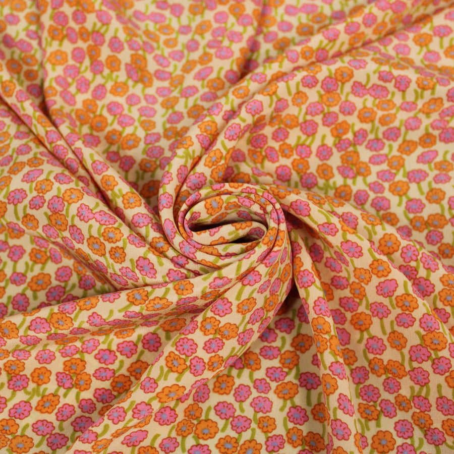 Tissu crêpe de chine 100% soie - imprimé fleurs rose et orange