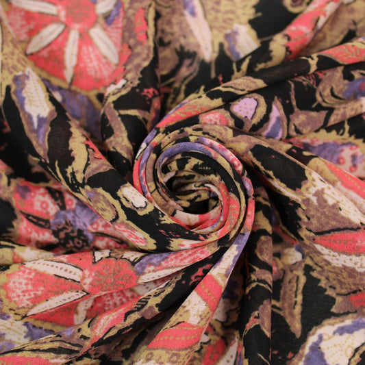 Tissu crêpe georgette  - imprimé fleuri - ton rose et noir - photo 1/4 | So Tissus