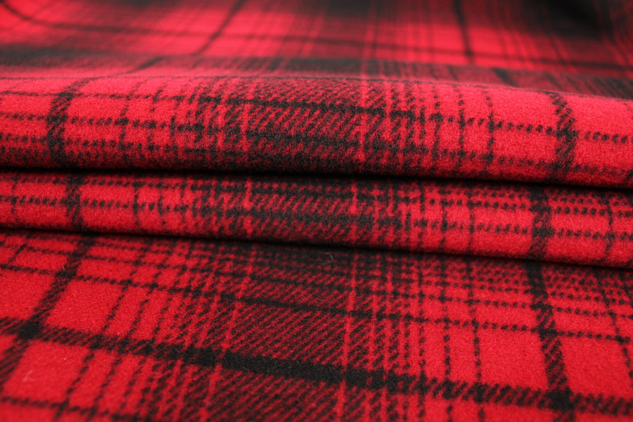 Tissu drap de laine et cachemire - à carreaux - rouge et noir