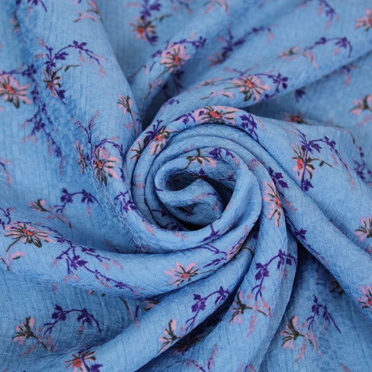 Tissu crêpe  gaufré - imprimé fleuri - ton bleu ciel - photo 1/4 | So Tissus
