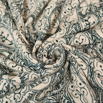 Tissu crêpe viscose - imprimé fleurs abstraites - écru et vert sapin