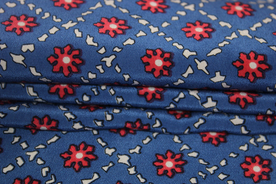 Tissu crêpe de chine 100% soie - imprimé fleurs géométriques - ton bleu roi