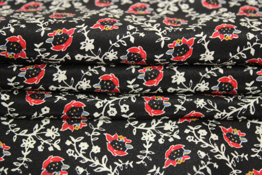 Tissu crêpe de chine 100% soie - imprimé fleurs abstraites - ton noir