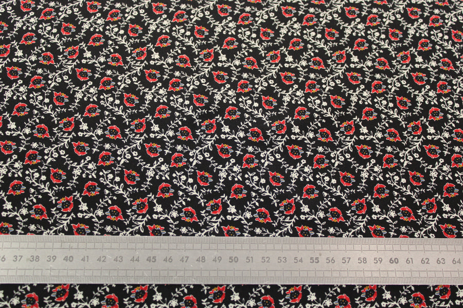 Tissu crêpe de chine 100% soie - imprimé fleurs abstraites - ton noir