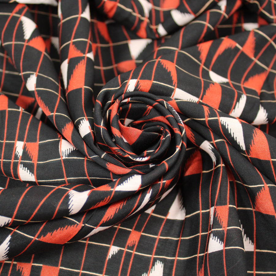 Tissu viscose - imprimé géométrique - ton noir et rouge