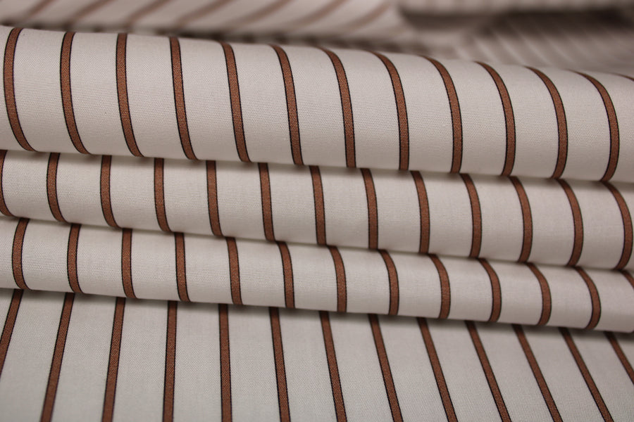 Tissu popeline coton - à rayures - blanc et marron clair