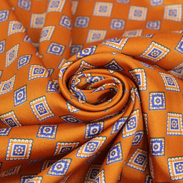 Tissu twill polyester - imprimé petit carré - orange et bleu