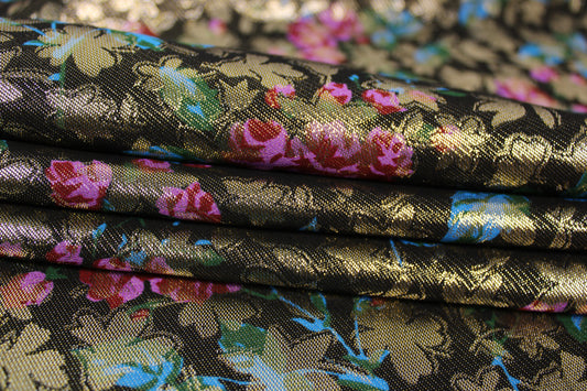 Tissu brocart - imprimé fleuri - doré et multicolore - photo 2/5 | So Tissus