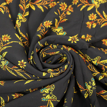 Tissu viscose - imprimé fleurs et papillons - ton noir