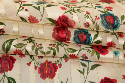 Tissu mousseline de soie - à rayures - imprimé fleuri - ton blanc et rouge - photo 2/5 | So Tissus