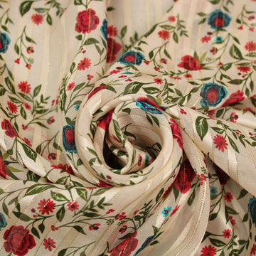 Tissu mousseline de soie - à rayures - imprimé fleuri - ton blanc et rouge