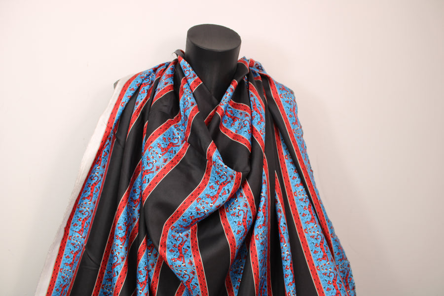 Tissu twill de soie - à rayure - imprimé arabesque - noir rouge et bleu