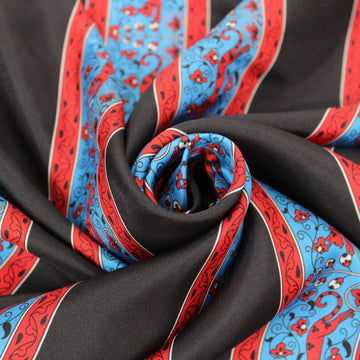 Tissu twill de soie - à rayure - imprimé arabesque - noir rouge et bleu