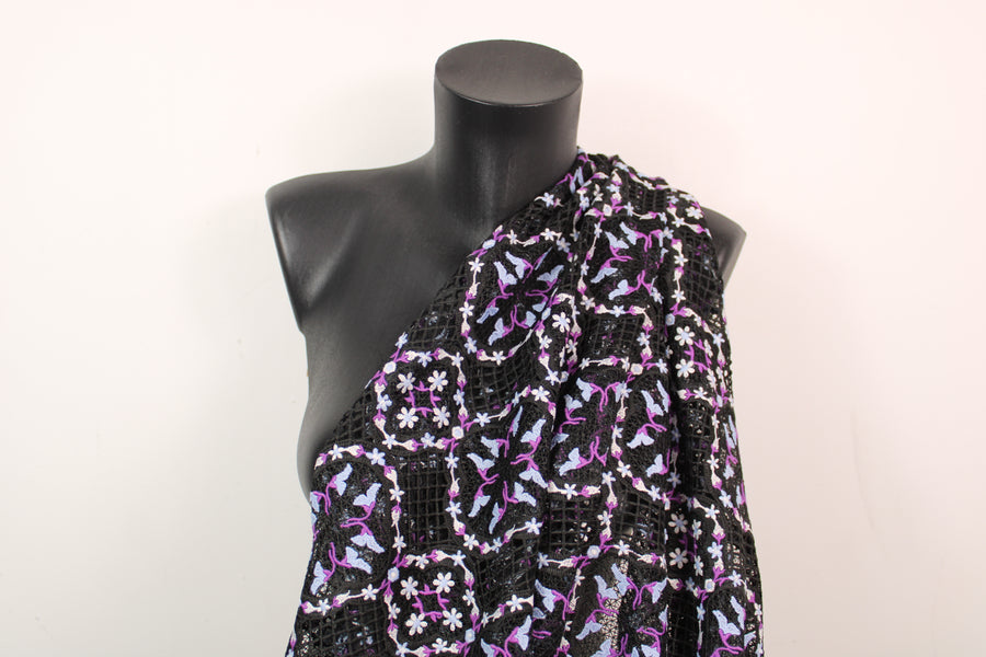 Tissu résille broder - noir - motif floral - violet et bleu