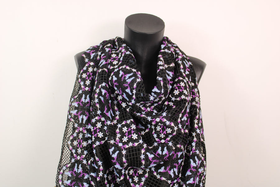 Tissu résille broder - noir - motif floral - violet et bleu