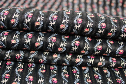 Tissu voile de coton - à rayures - noir - fleuri - ton bleu et rose - photo 2/5 | So Tissus
