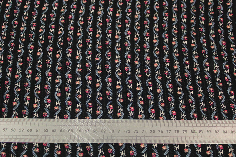 Tissu voile de coton - à rayures - noir - fleuri - ton bleu et rose
