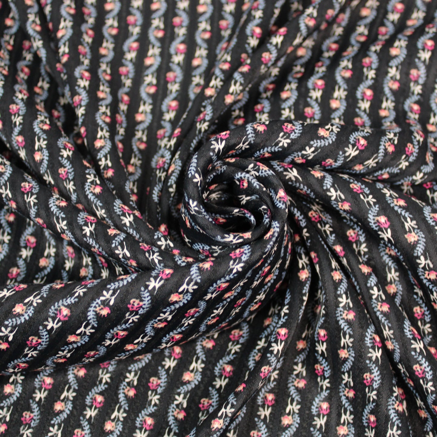 Tissu voile de coton - à rayures - noir - fleuri - ton bleu et rose - photo 1/5 | So Tissus
