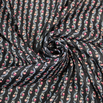 Tissu voile de coton - à rayures - noir - fleuri - ton bleu et rose