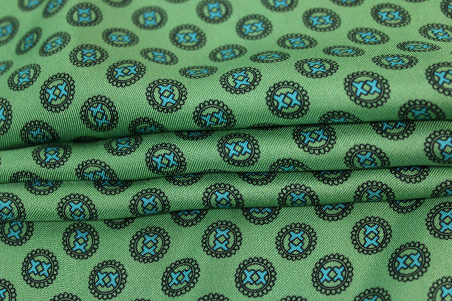 Tissu twill de soie - imprimé circulaire - vert d'eau et bleu