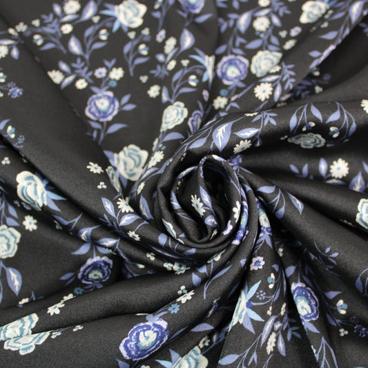 Tissu twill - imprimé fleuri - ton bleu marine - photo 1/5 | So Tissus