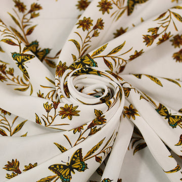 Tissu viscose - imprimé fleurs et papillons - ton blanc