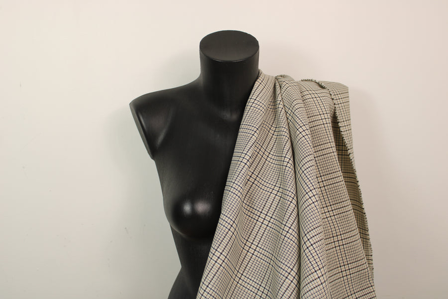Tissu tweed - imprimé à carreaux - ton beige, noir et blanc