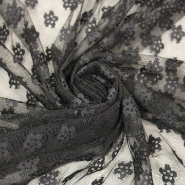 Tissu tulle brodé - motif fleuri - noir