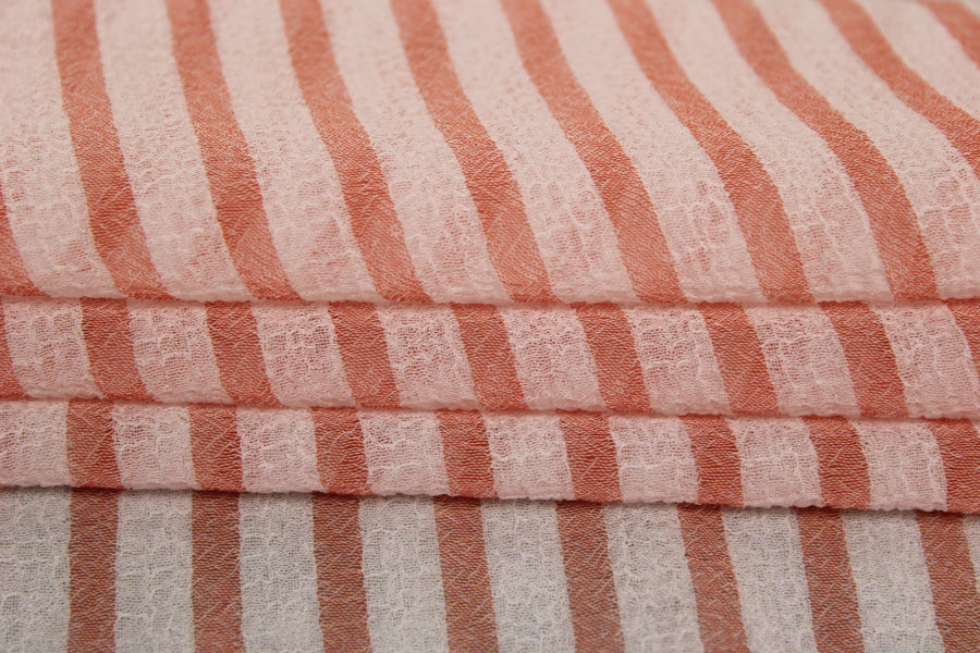 Tissu crêpon  - à rayures - blanc et corail