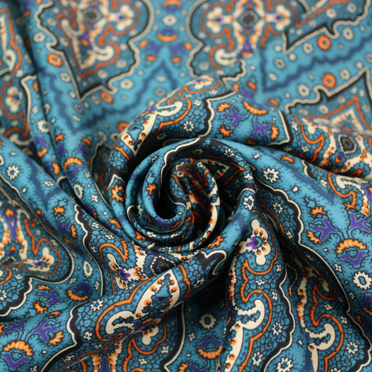 Tissu twill de soie - imprimé cachemire - ton bleu et orange - photo 1/5 | So Tissus