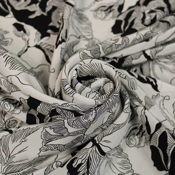 Tissu crêpe de chine 100% soie - imprimé fleurs abstraite - noir et blanc