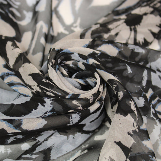 Tissu mousseline de soie- imprimé fleurs abstraites - bleu, gris et noir - photo 1/5 | So Tissus