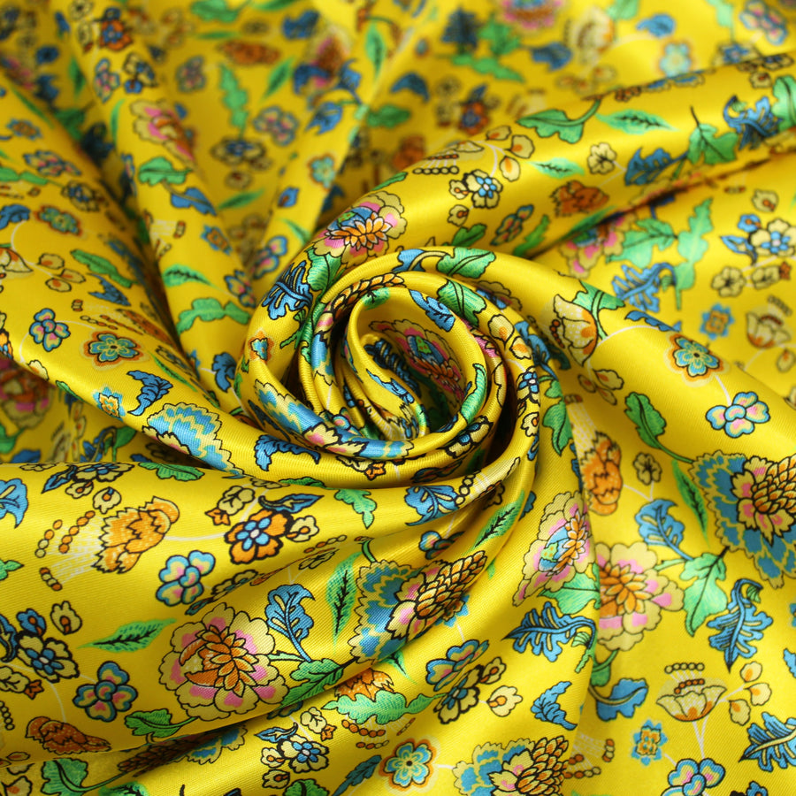 Tissu satin - imprimé fleuri - ton jaune