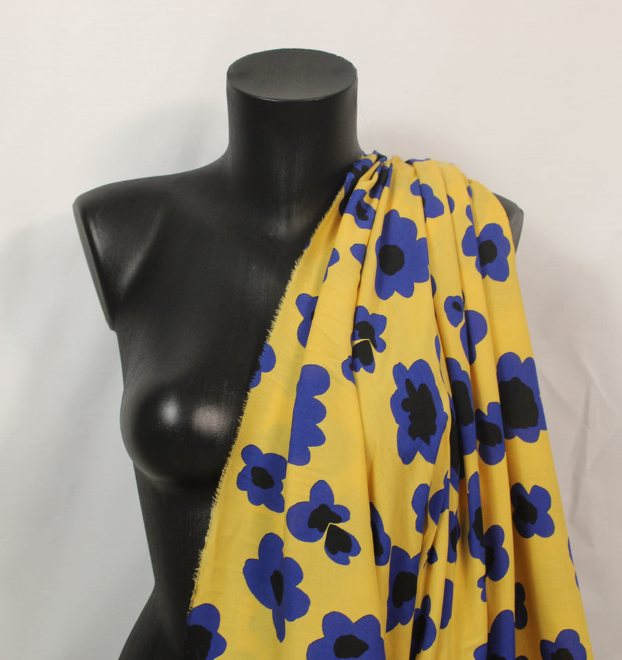 Tissu javanaise de viscose - imprimé fleurs abstraites - jaune et bleu