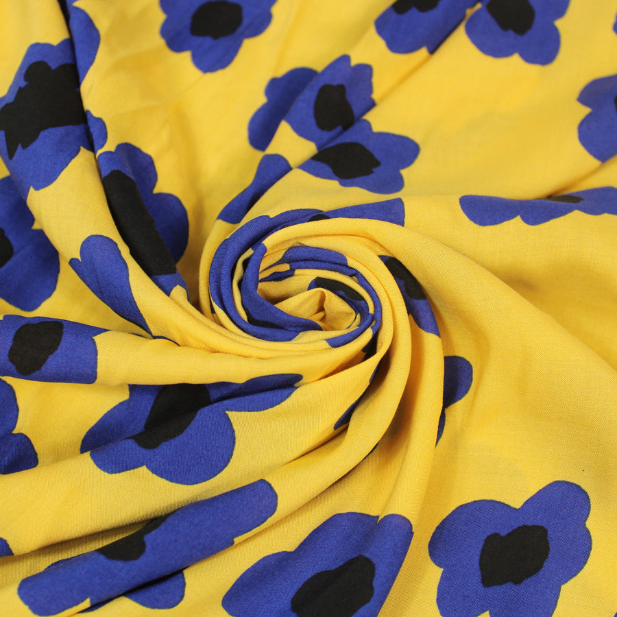 Tissu javanaise de viscose - imprimé fleurs abstraites - jaune et bleu