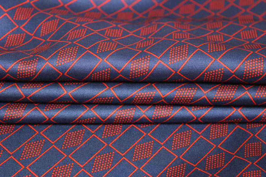 Tissu twill - imprimé geometrique - ton rouge et bleu marine