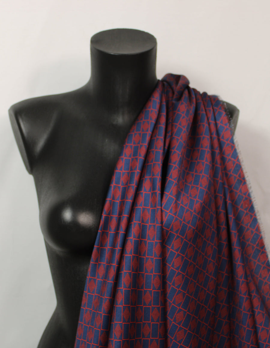 Tissu twill - imprimé geometrique - ton rouge et bleu marine