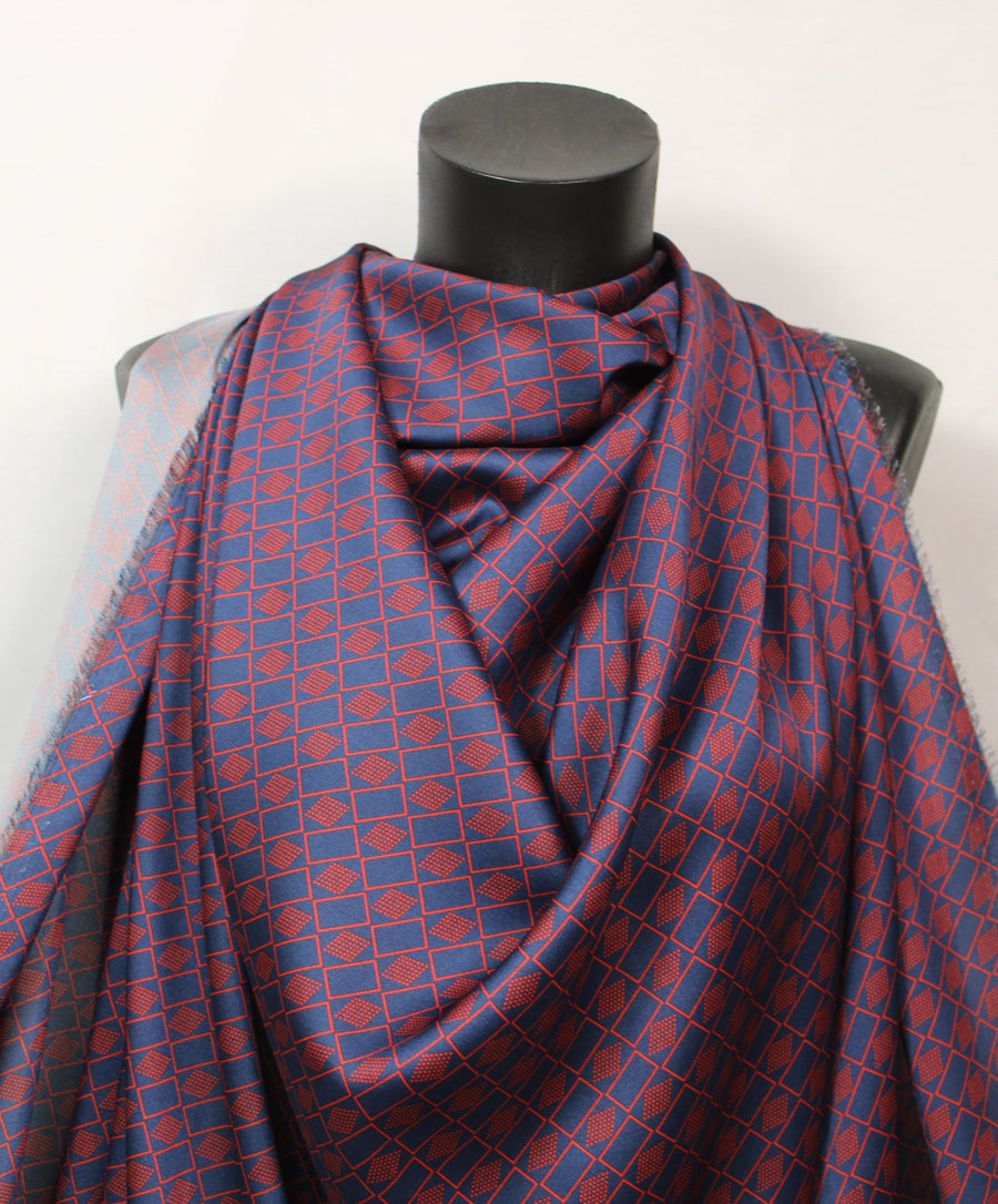 Tissu twill - imprimé geometrique - ton rouge et bleu marine