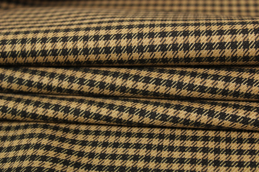 Tissu crêpe de laine - petits carreaux - noir , marron et beige