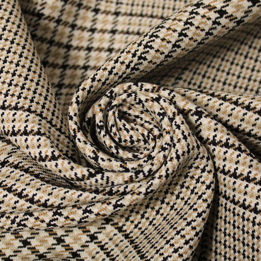 Tissu tweed de laine - imprimé à carreaux - ton beige, noir et blanc