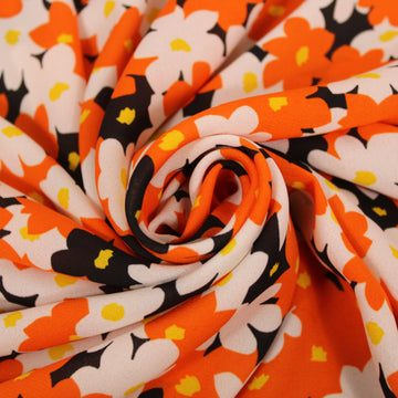 Tissu crêpe georgette  - imprimé fleurs vintages  - noir, orange et blanc