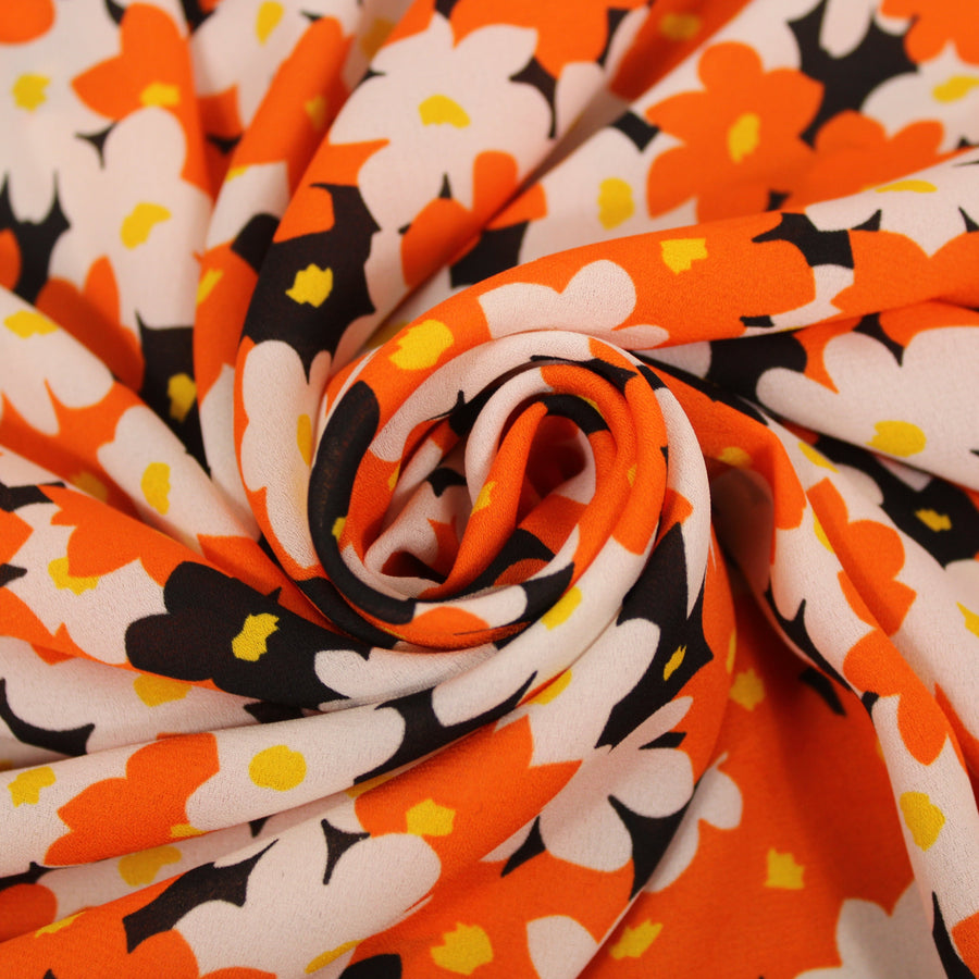 Tissu crêpe georgette  - imprimé fleurs vintages  - noir, orange et blanc