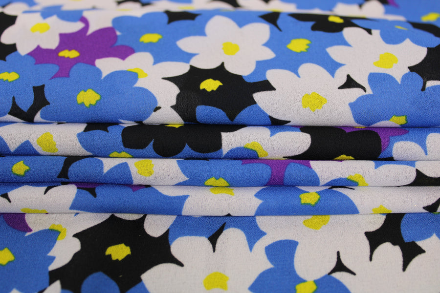 Tissu crêpe georgette  - imprimé fleurs vintages  - noir, bleu et blanc